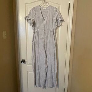 A Loves A Jumpsuit Blue White Ticking Wide Leg Linen Cotton Size S Coastal Boho